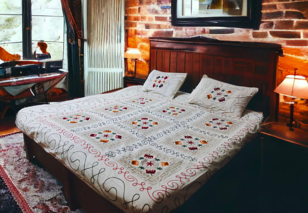 Cotton Beige Thread Work Embroidered Handmade Queen Size Bedsheet With Two Matching Pillow Covers Pack Of 1 Indian Style Bedsheet Bohemian