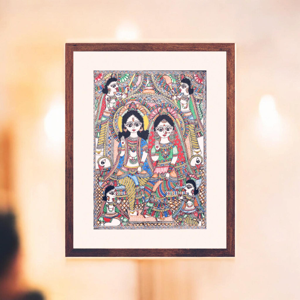 Mithila Madhubani Handpainted Wall Painting Wall Decor Featuring Ram Darbar Design With Brown Wooden Frame Canvas Painting Beautiful Paint