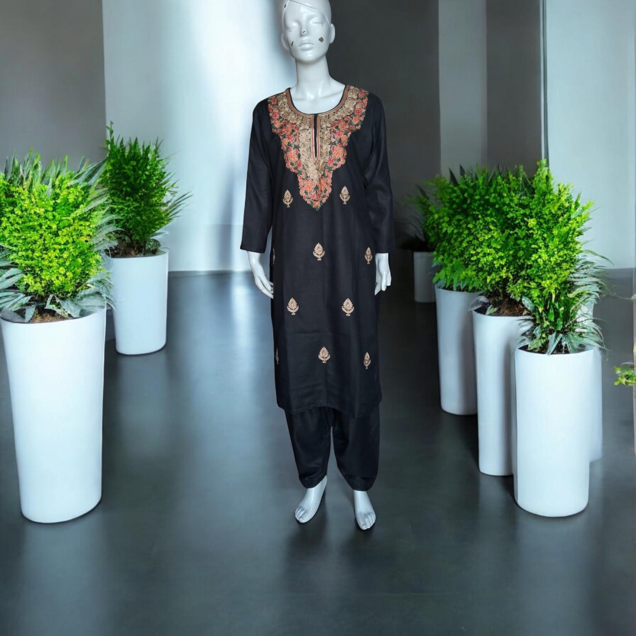 A Set of 3 Pieces Black Cashmere Floral Embroidered Salwar Black cashmere Semi Patiala Black Shawl Handcrafted Winter Outfit Stitched Suit