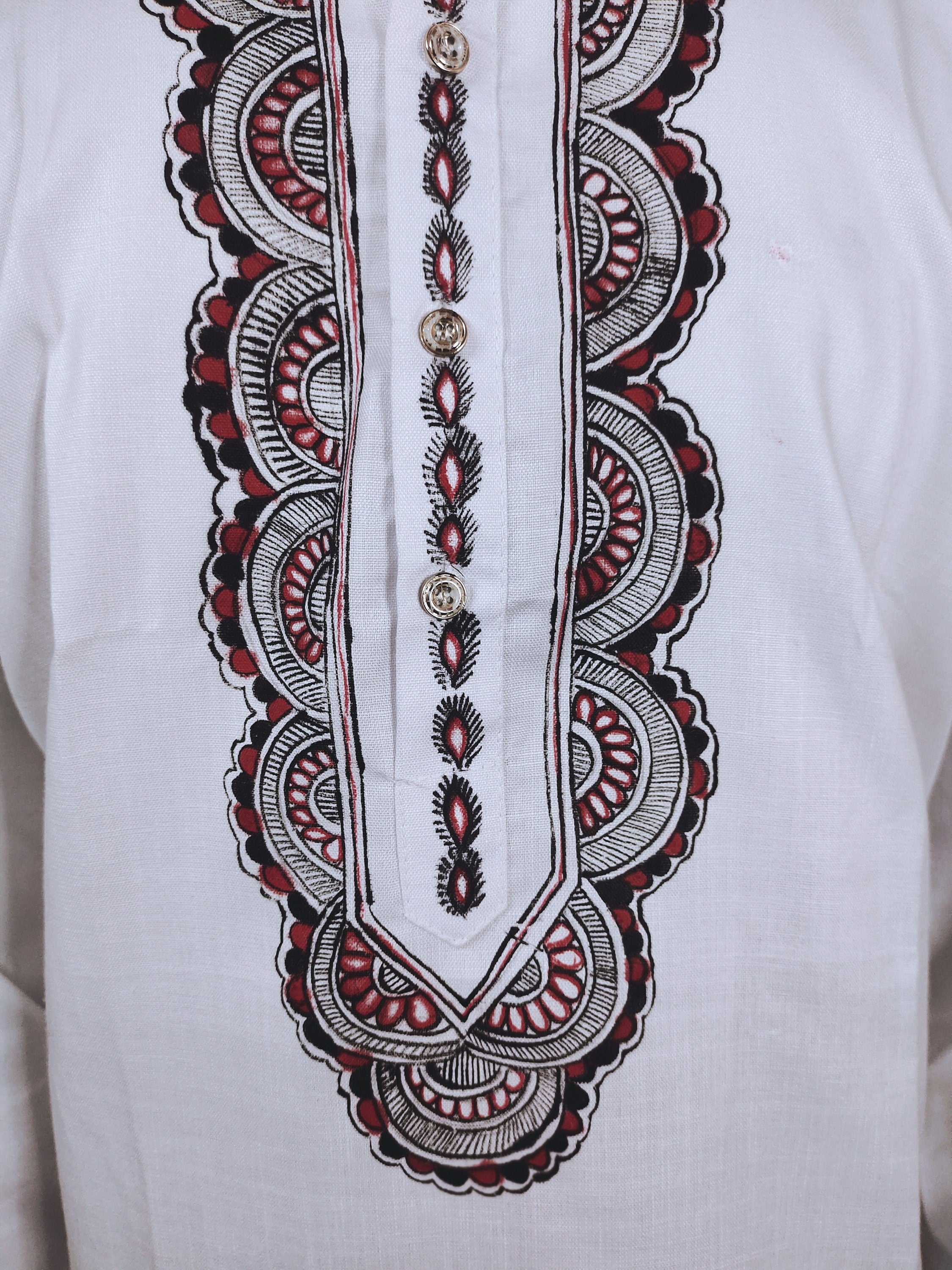 White Cotton Hand Painted Madhubani Art Kurta For Men Peacock Feature Art With Red Cotton Silk Pajama Madhubani Style Mithila Style Puja